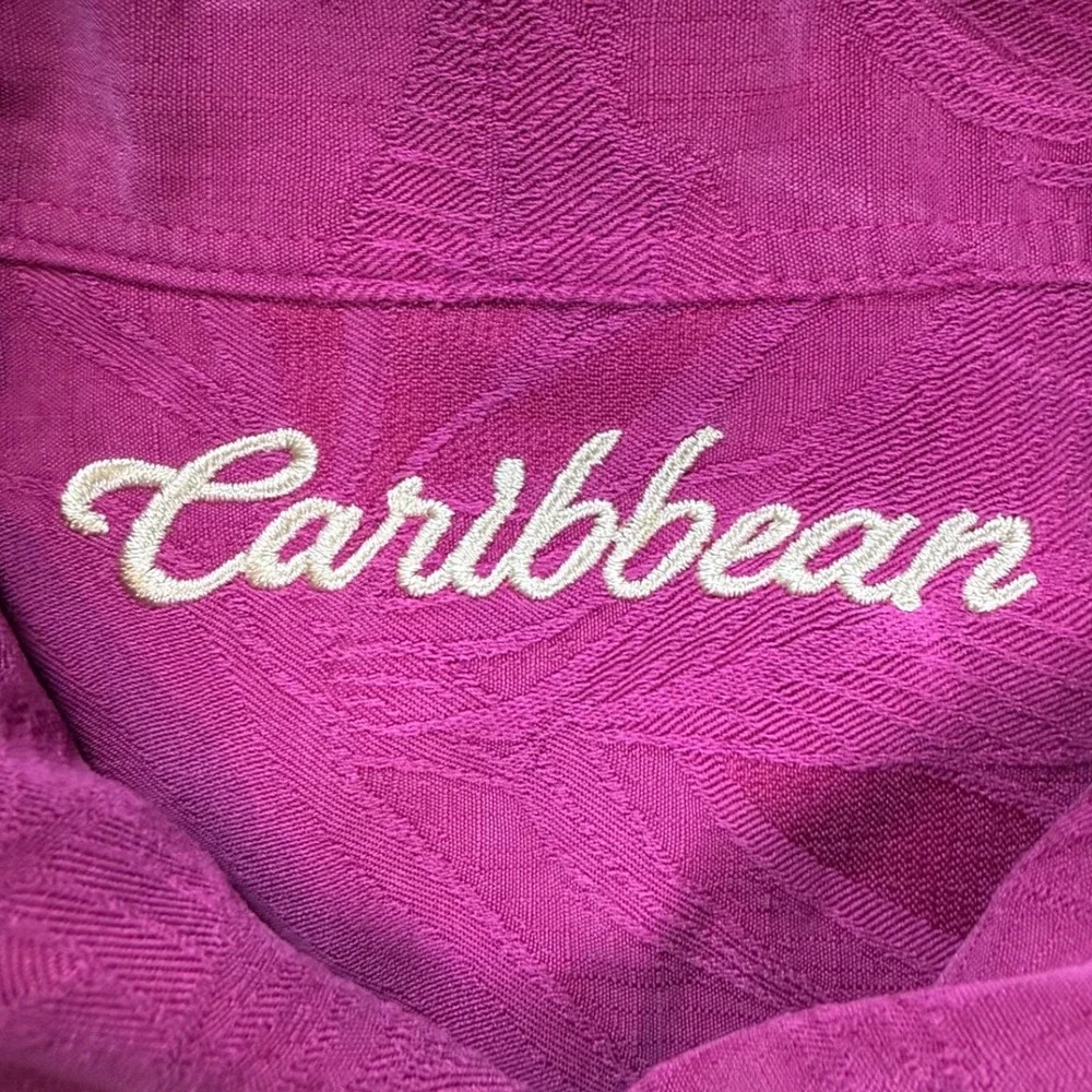 Caribbean Mens XLT Magenta Pink Tropical Palm Jacquard Short Sleeve Camp Shirt